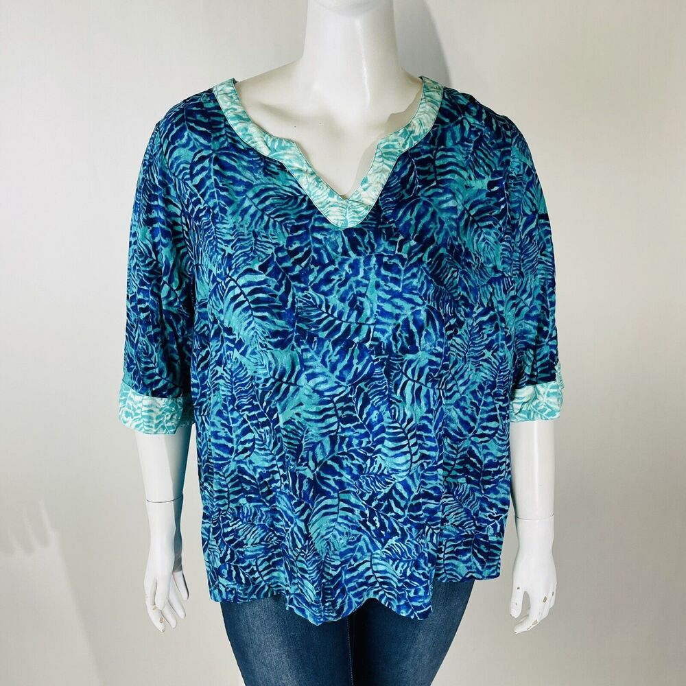 Catherines Womans Sz 2XWP Petite Blouse V Neck Blue Green Floral Short Sleeve - Picture 2 of 8